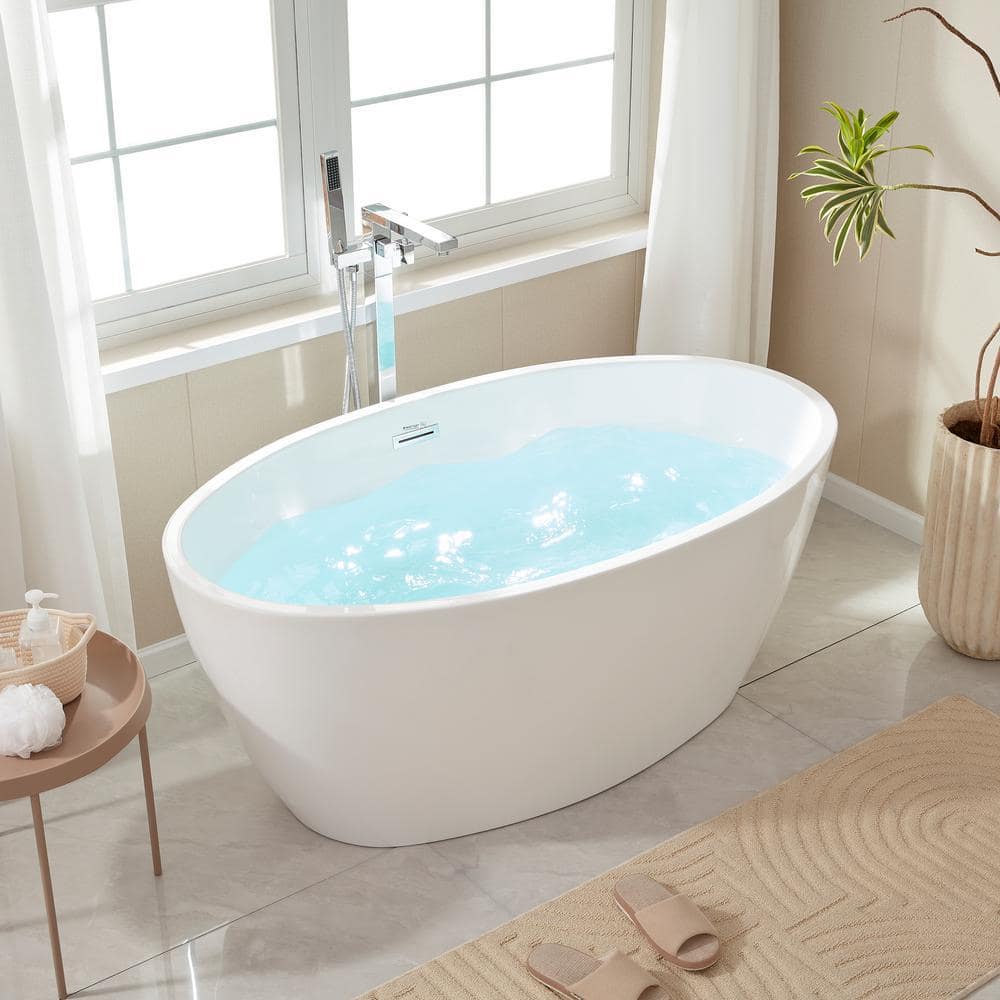 Vanity Art Calais 55 in. L x 32 in. W Acrylic Flatbottom Freestanding Bathtub with Center Drain in White/Polished Chrome