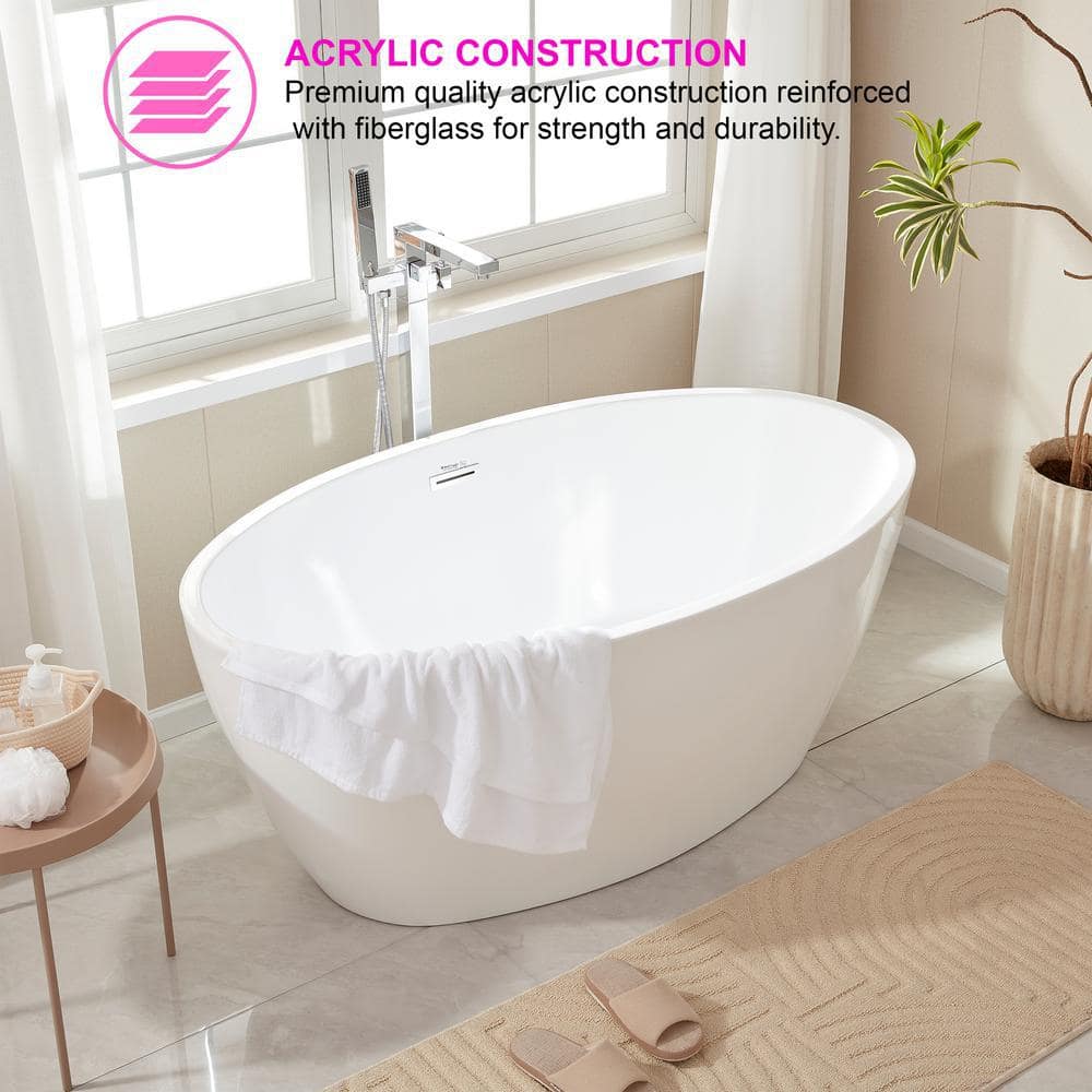 Vanity Art Calais 55 in. L x 32 in. W Acrylic Flatbottom Freestanding Bathtub with Center Drain in White/Polished Chrome