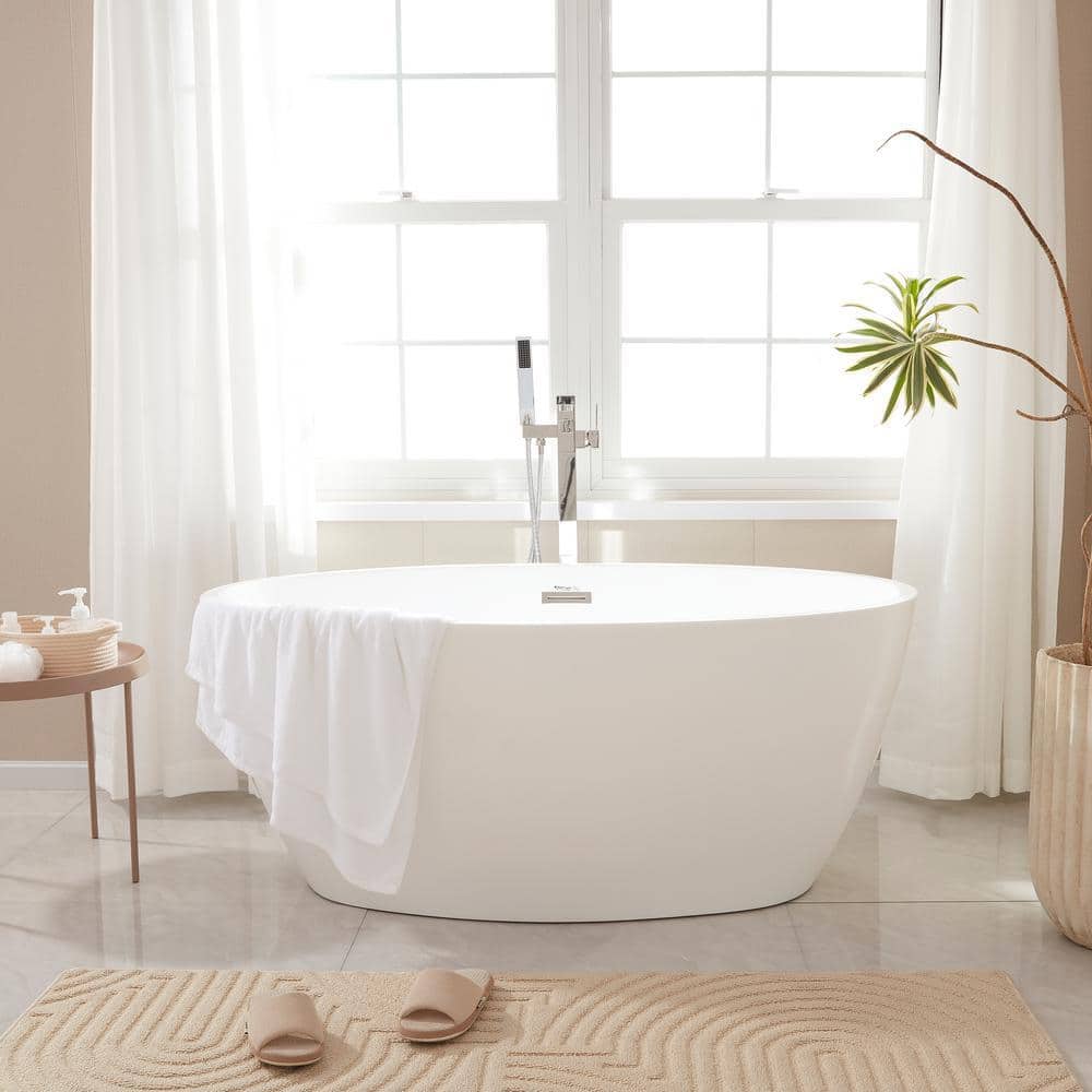 Vanity Art Calais 55 in. L x 32 in. W Acrylic Flatbottom Freestanding Bathtub with Center Drain in White/Polished Chrome