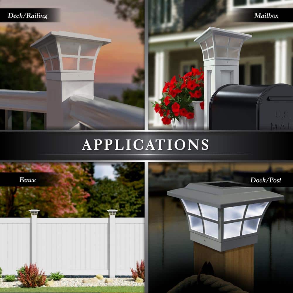 CLASSY CAPS Prestige 4 in. x 4 in. Outdoor White Vinyl LED Solar Post Cap (2-Pack)