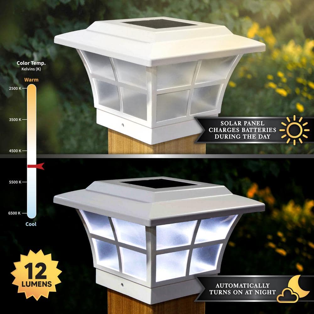 CLASSY CAPS Prestige 4 in. x 4 in. Outdoor White Vinyl LED Solar Post Cap (2-Pack)