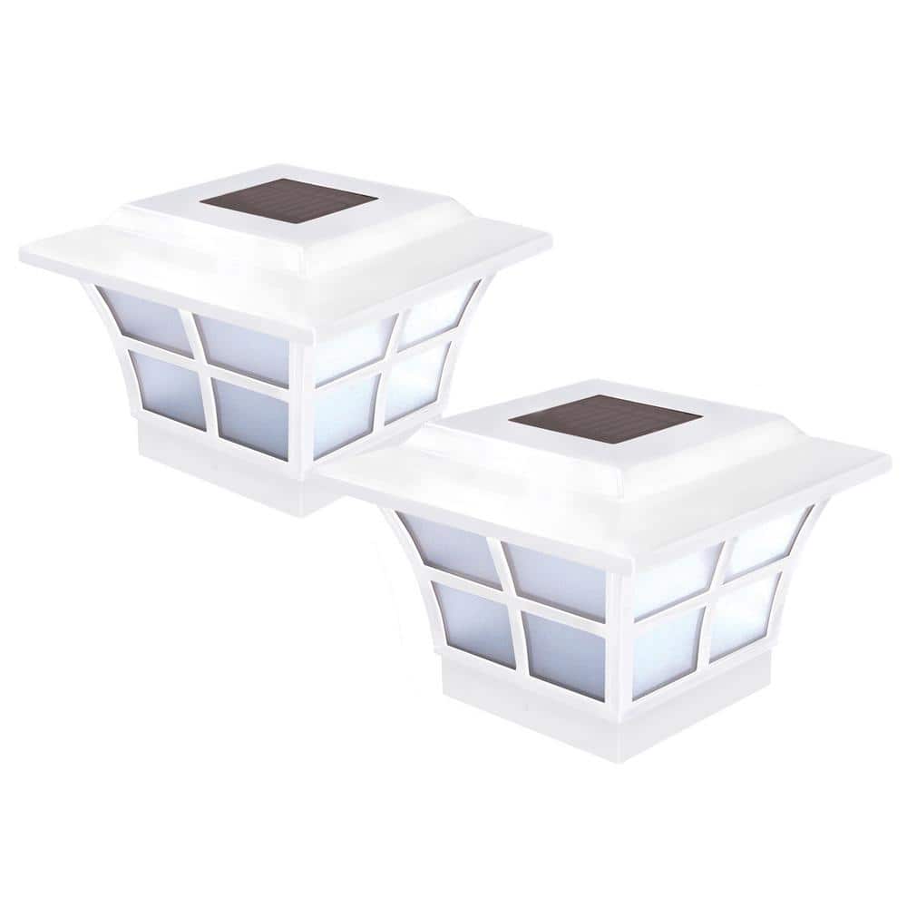 CLASSY CAPS Prestige 4 in. x 4 in. Outdoor White Vinyl LED Solar Post Cap (2-Pack)