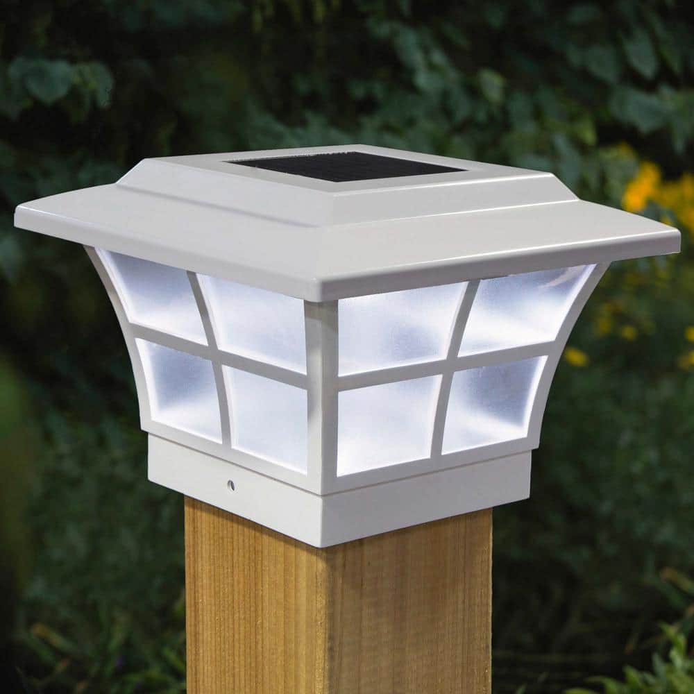 CLASSY CAPS Prestige 4 in. x 4 in. Outdoor White Vinyl LED Solar Post Cap (2-Pack)