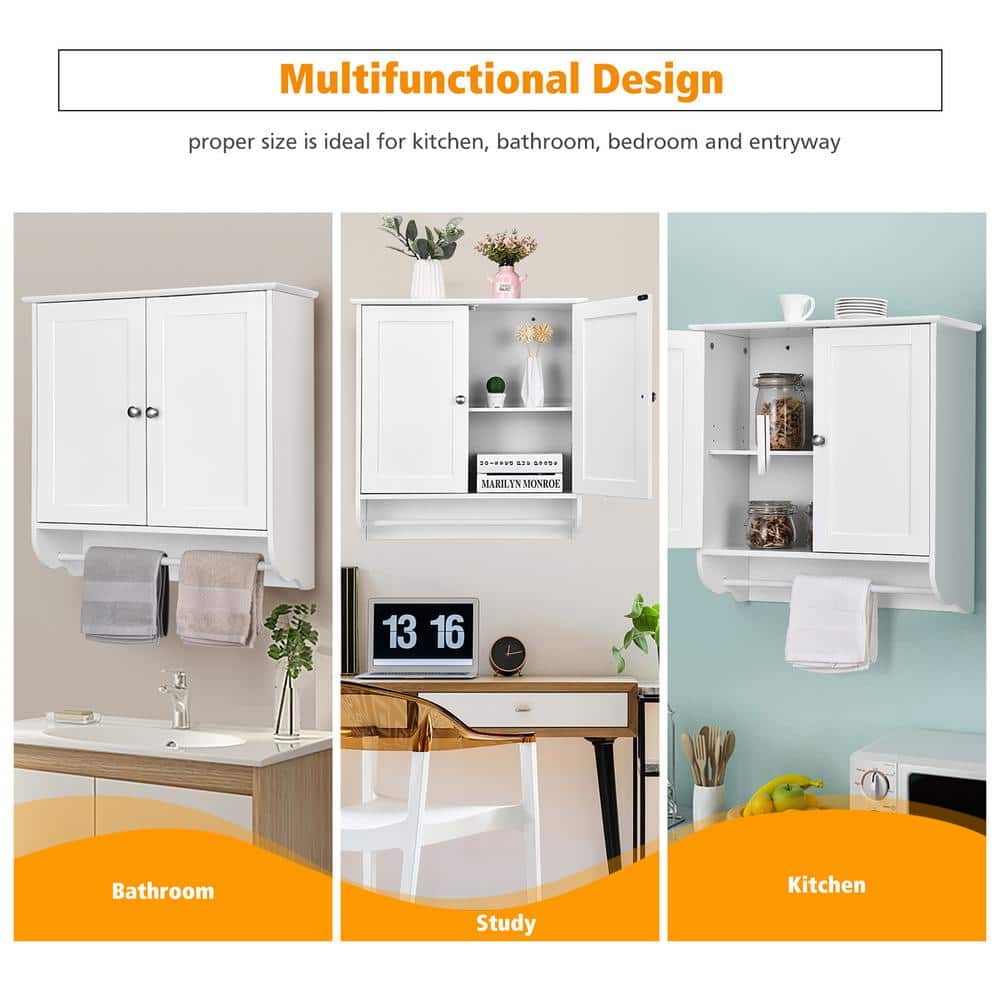 Costway 24 in. W x 24 in. H White Wall Surface Mounted Bathroom Medicine Cabinet without Mirror Storage Cupboard w/Towel Bar