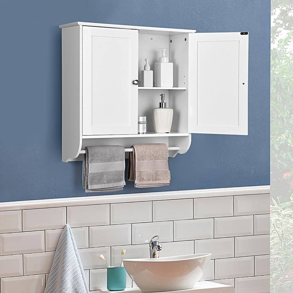 Costway 24 in. W x 24 in. H White Wall Surface Mounted Bathroom Medicine Cabinet without Mirror Storage Cupboard w/Towel Bar