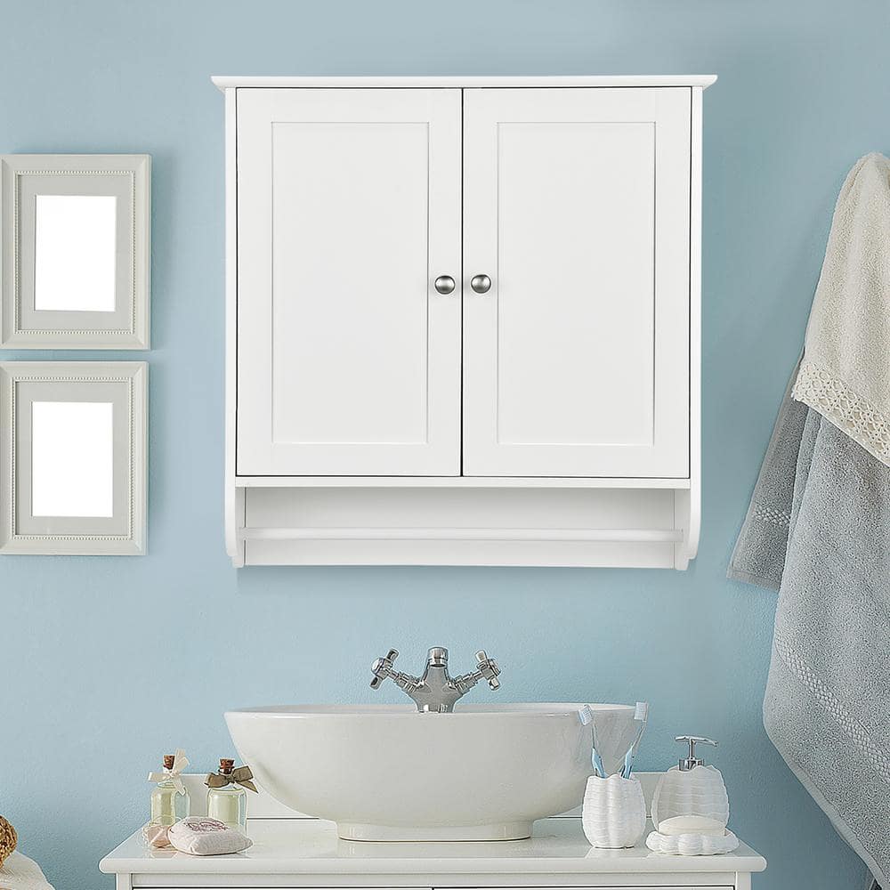 Costway 24 in. W x 24 in. H White Wall Surface Mounted Bathroom Medicine Cabinet without Mirror Storage Cupboard w/Towel Bar