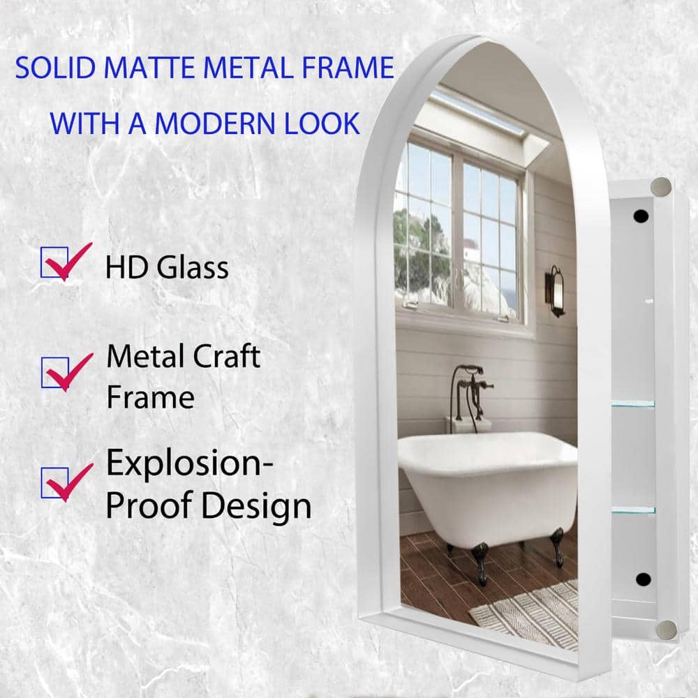 COWLOWN 24 in. W x 36 in. H White Arched Metal Framed Recessed Bathroom Medicine Cabinet with Mirror and Adjustable Shelves