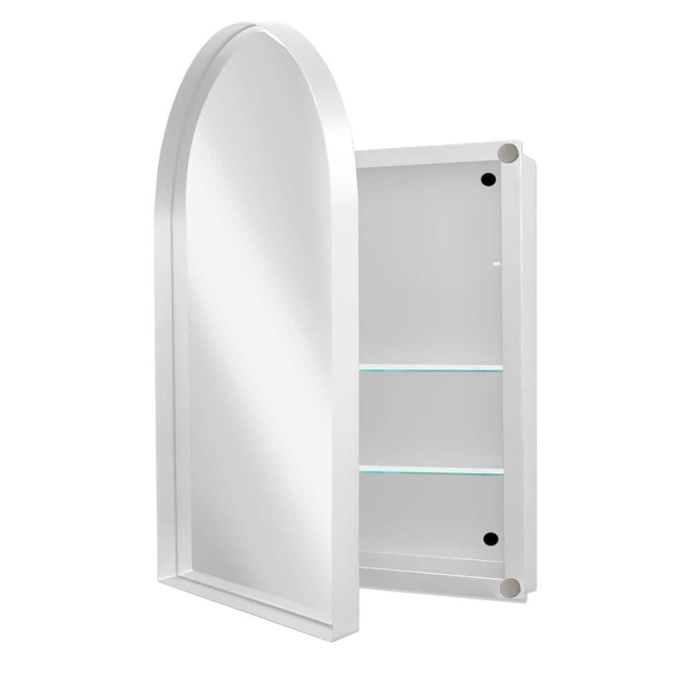 COWLOWN 24 in. W x 36 in. H White Arched Metal Framed Recessed Bathroom Medicine Cabinet with Mirror and Adjustable Shelves
