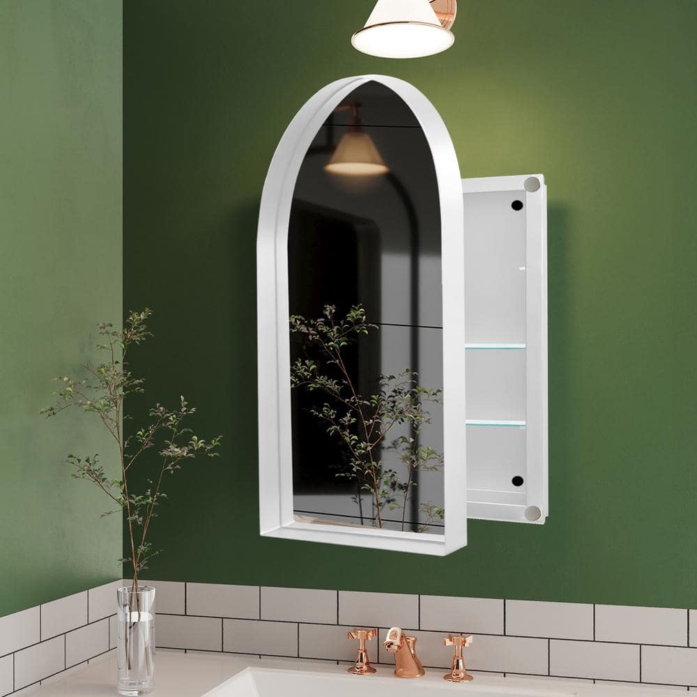 COWLOWN 24 in. W x 36 in. H White Arched Metal Framed Recessed Bathroom Medicine Cabinet with Mirror and Adjustable Shelves