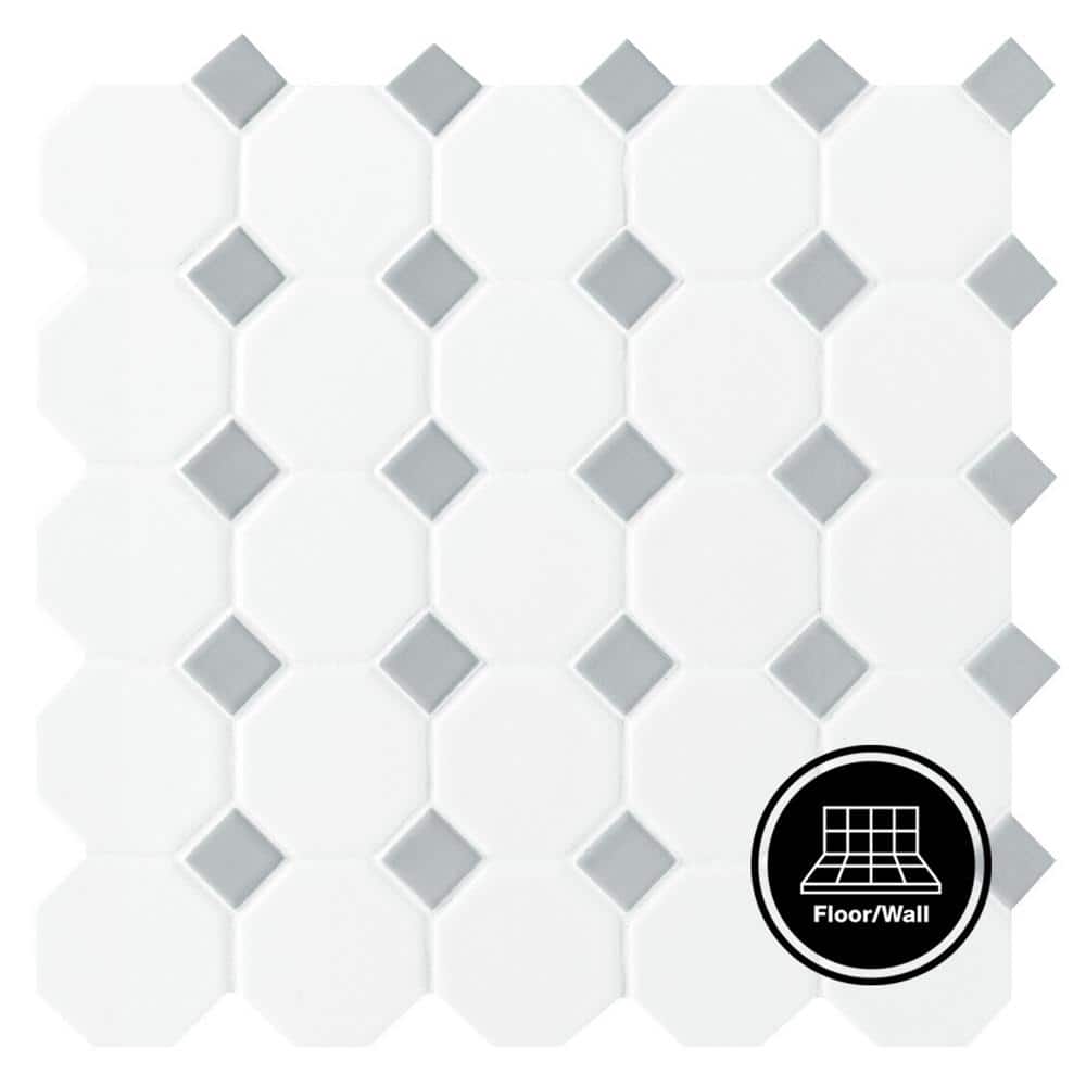 Daltile Prologue Matte White 12 in. x 12 in. x 6 mm Glazed Ceramic Octagon/Dot Mosaic Floor and Wall Tile (1 sq. ft. per piece)