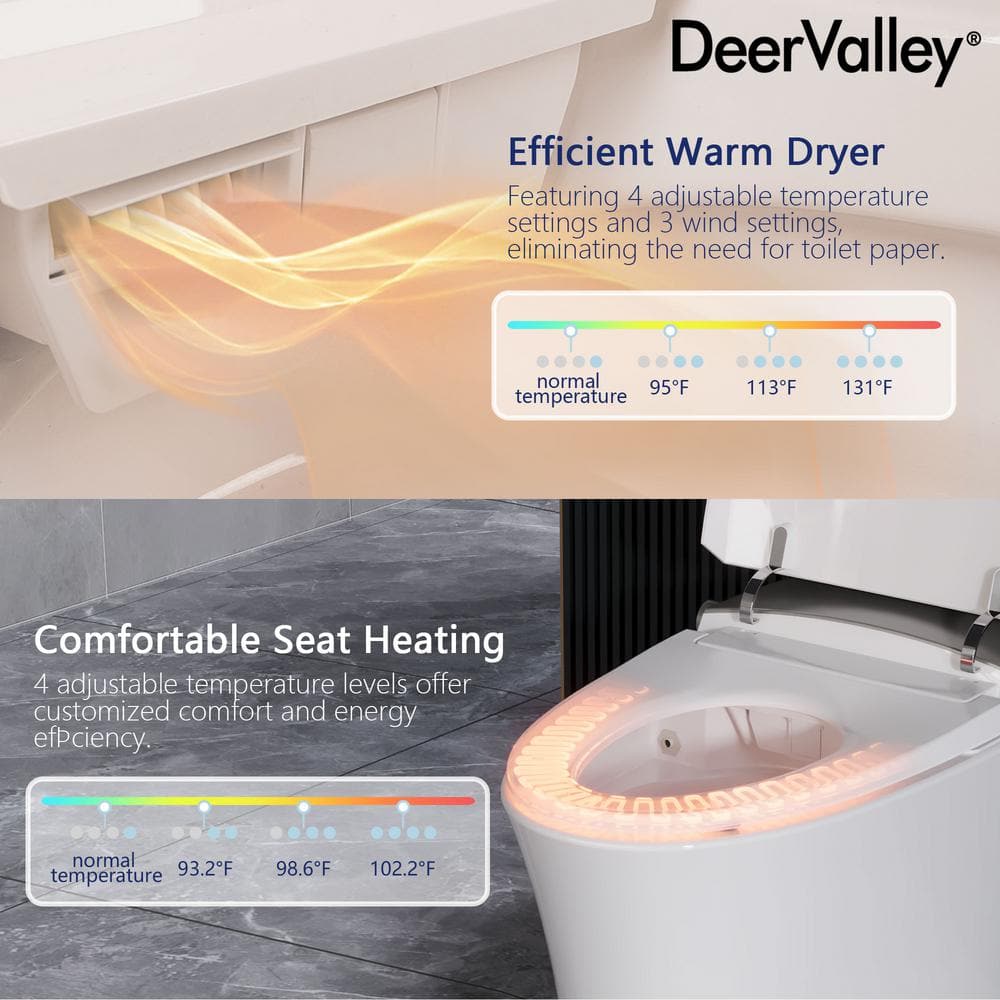 DEERVALLEY 1.28 GPF Elongated Smart Toilet Bidet with Auto Features and UV Sterilization