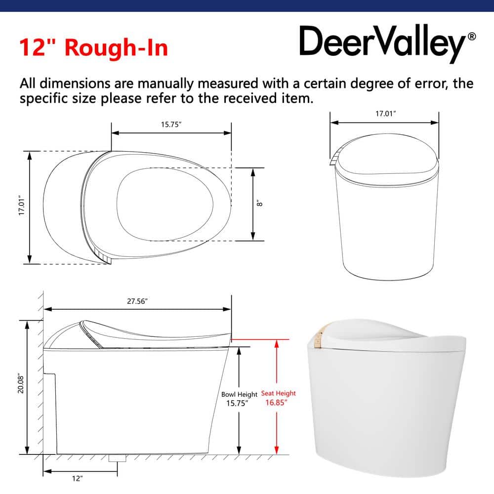 DEERVALLEY Tankless Elongated Smart Toilet Bidet with Auto Close, UV Sterilization & Warm Water Dryer