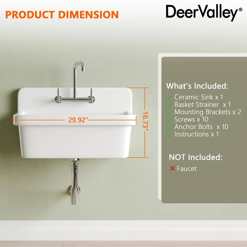 DEERVALLEY 30 in. Wall Mount Laundry/Utility Sink, White Single Bowl