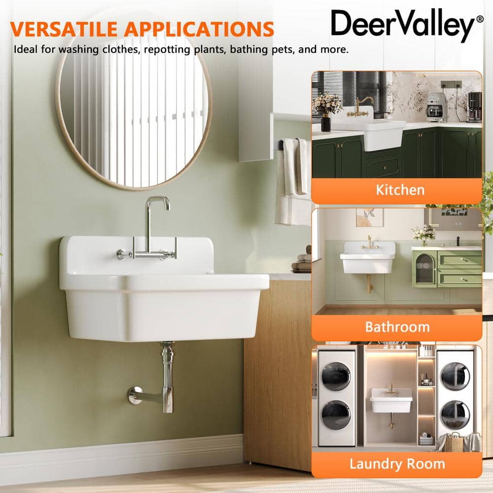 DEERVALLEY 30 in. Wall Mount Laundry/Utility Sink, White Single Bowl