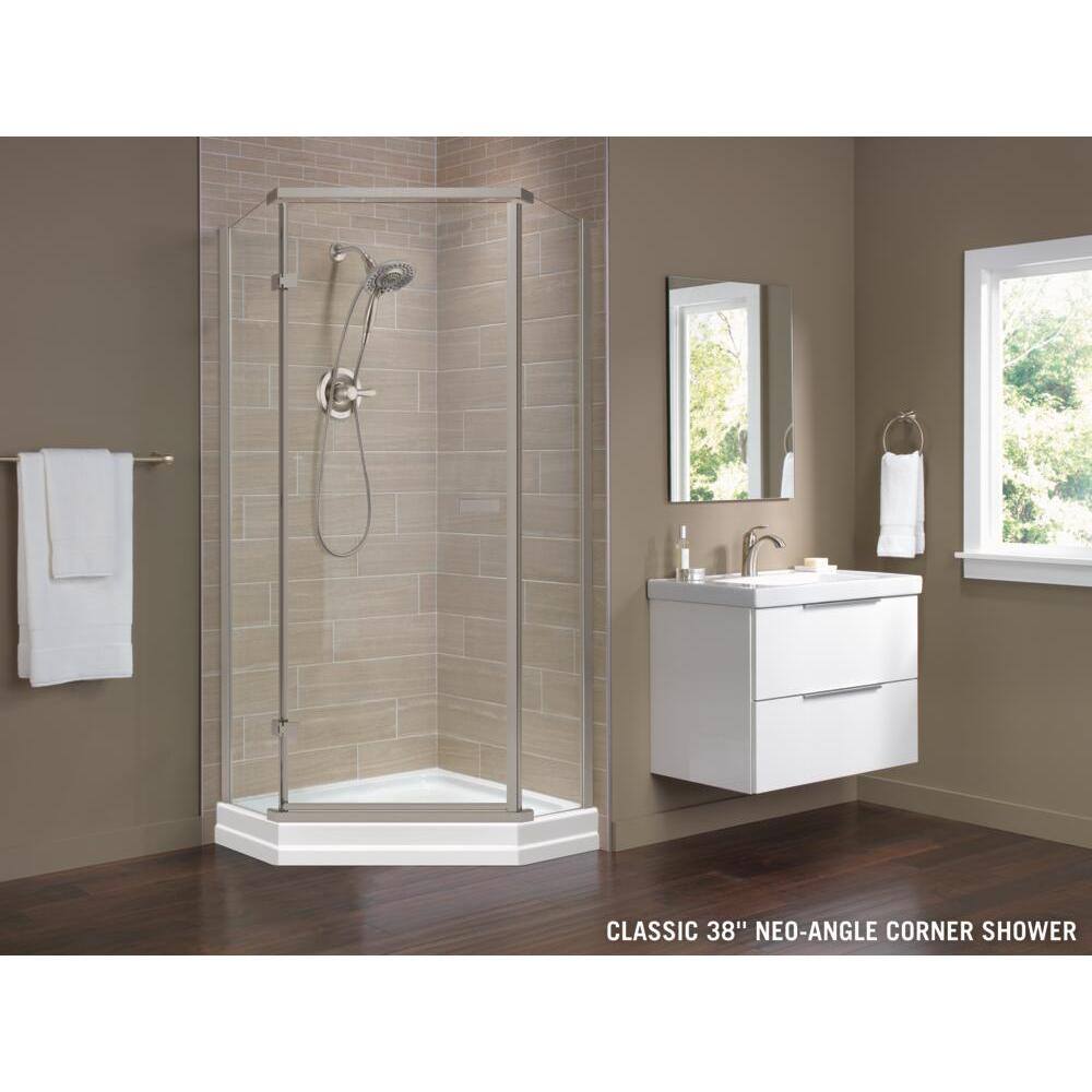 Delta 38 in. x 72 in. Semi-Frameless Pivot Door in Stainless with 38 in. x 38 in. Neo Angle Corner Shower Base in White