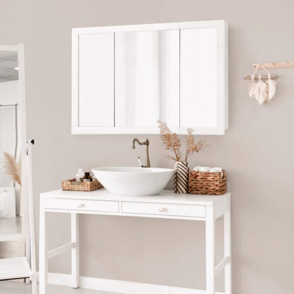Design House Concord 48 in. W x 30 in. H Surface Mount Tri-View White Gloss Medicine Cabinet with Mirror