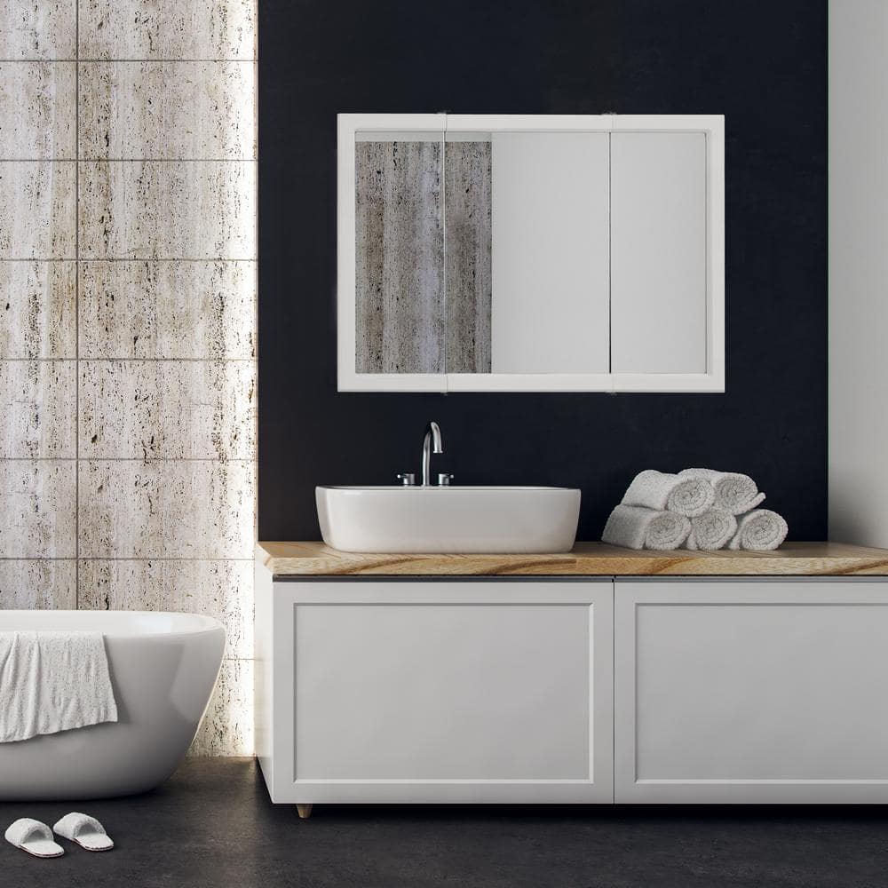Design House Concord 48 in. W x 30 in. H Surface Mount Tri-View White Gloss Medicine Cabinet with Mirror