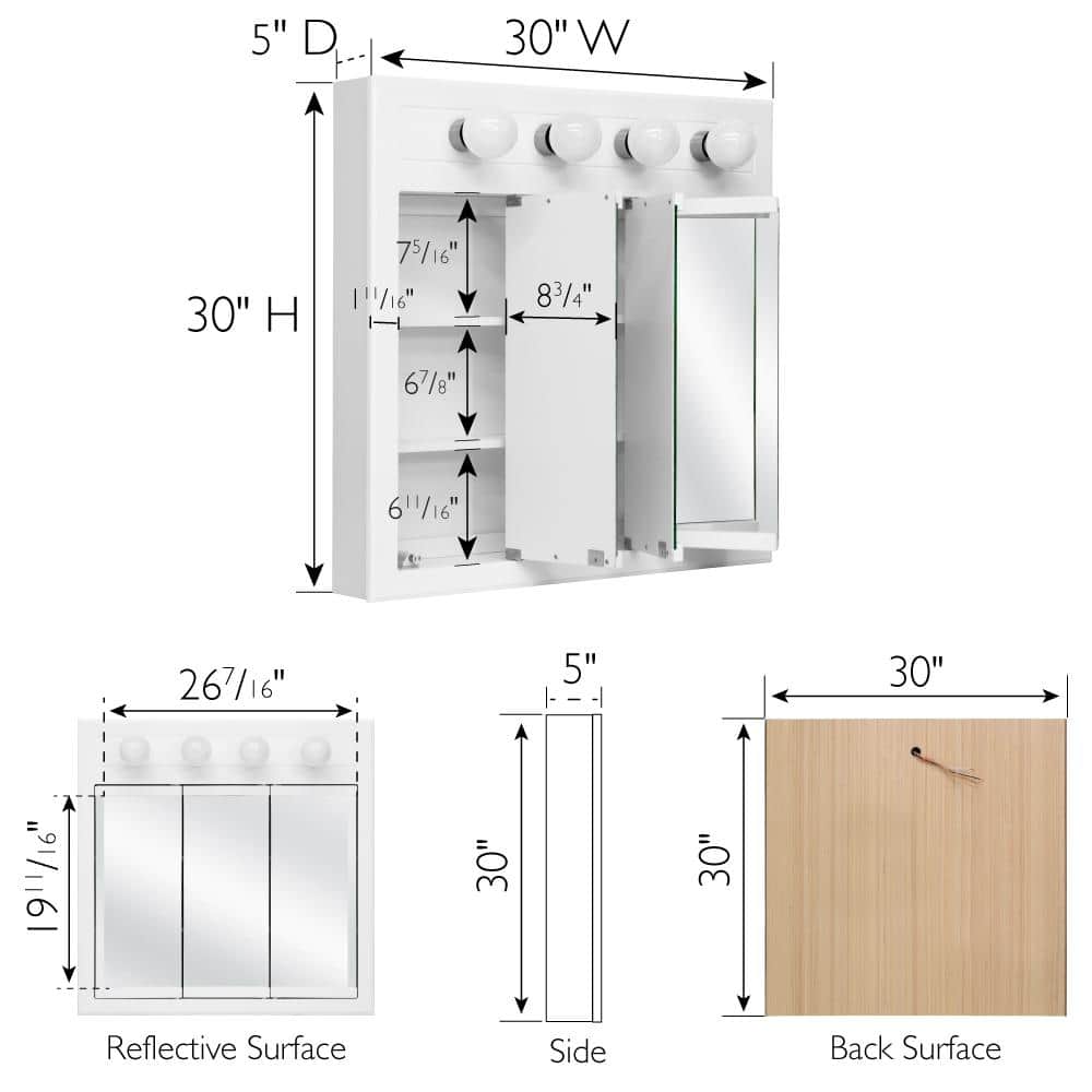 Design House Concord 30 in. x 30 in. Surface-Mount 4-Light Tri-View Medicine Cabinet in White Gloss