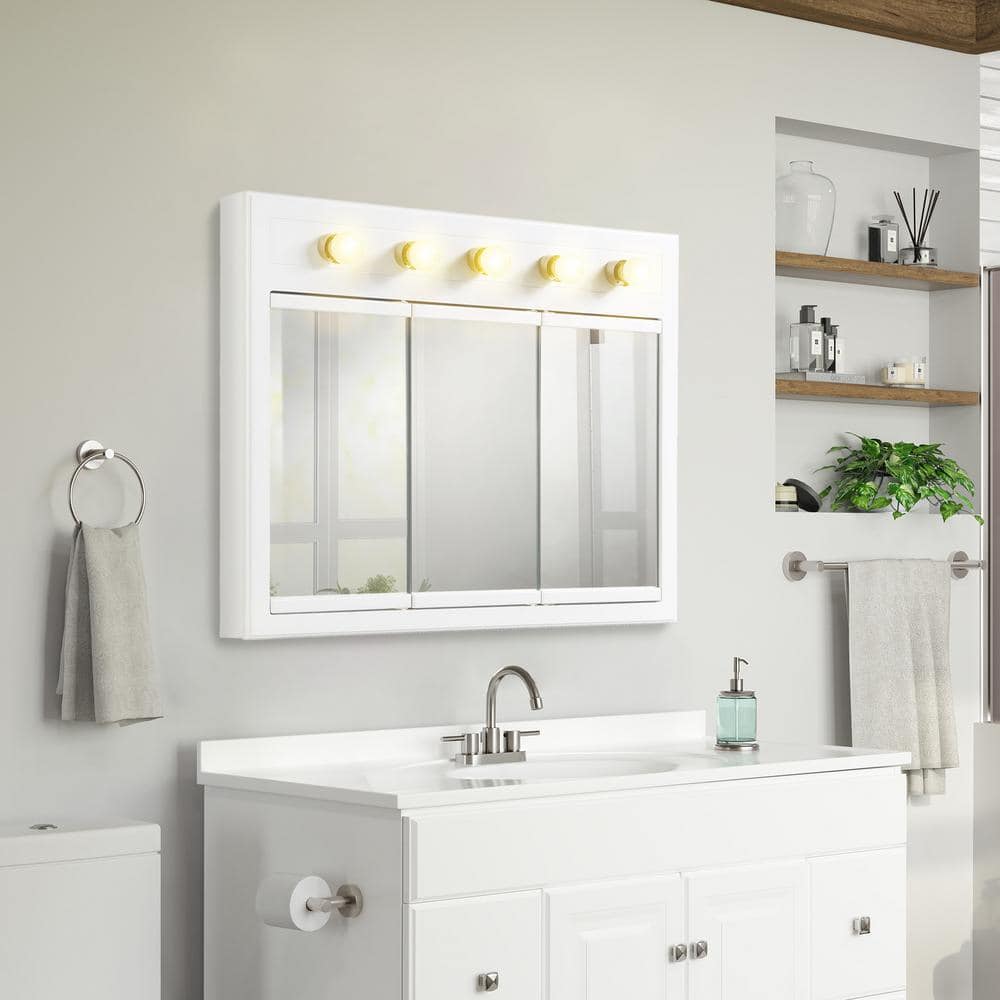 Design House Concord 36 in. W x 30 in. H x 5 in. D Framed 5-Light Tri-View Surface-Mount Bathroom Medicine Cabinet in White Gloss