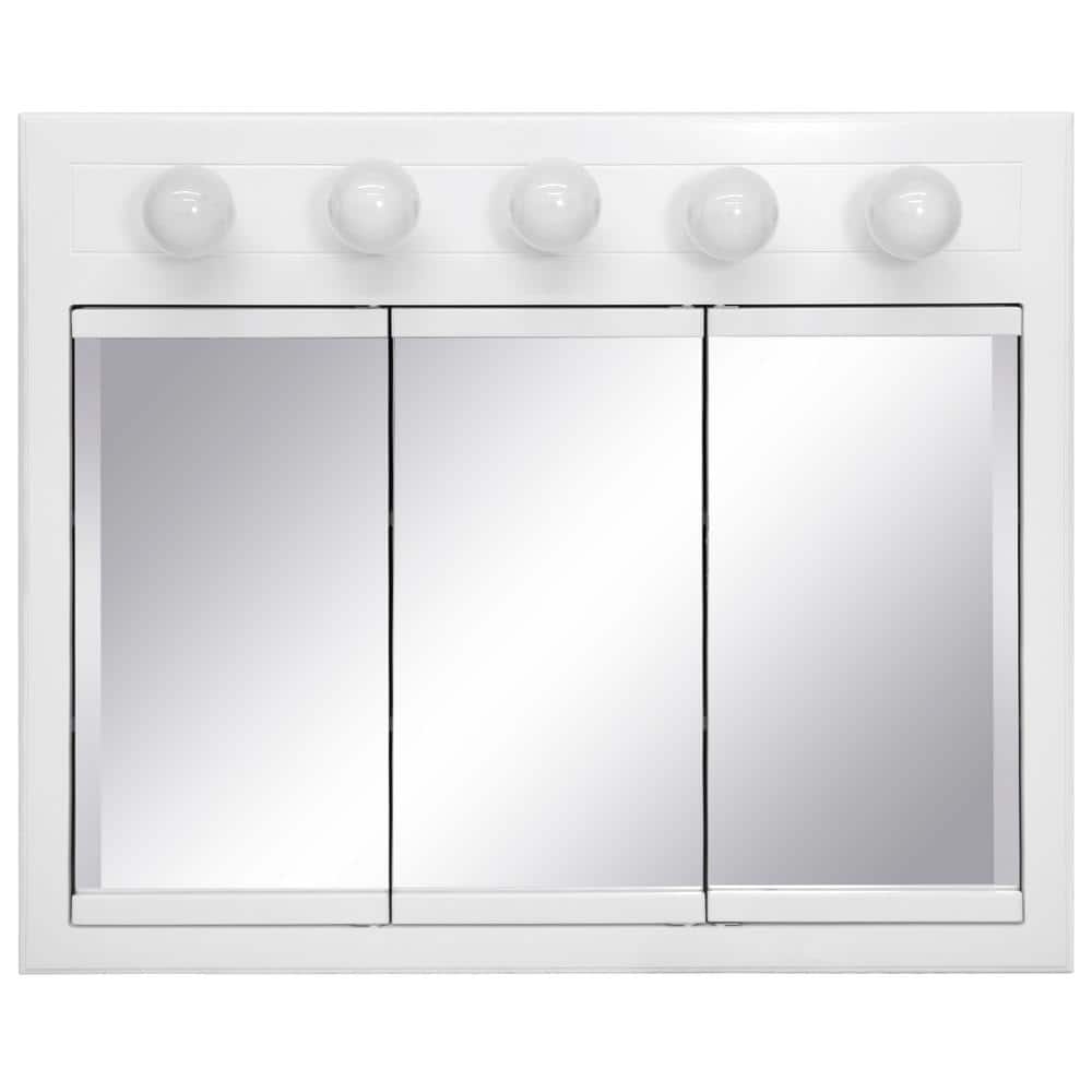 Design House Concord 36 in. W x 30 in. H x 5 in. D Framed 5-Light Tri-View Surface-Mount Bathroom Medicine Cabinet in White Gloss
