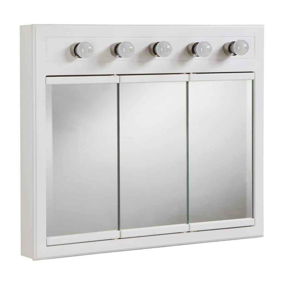 Design House Concord 36 in. W x 30 in. H x 5 in. D Framed 5-Light Tri-View Surface-Mount Bathroom Medicine Cabinet in White Gloss