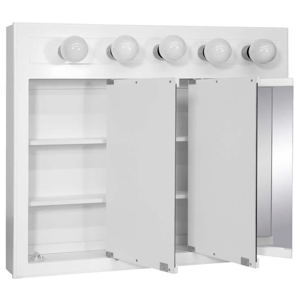 Design House Concord 36 in. W x 30 in. H x 5 in. D Framed 5-Light Tri-View Surface-Mount Bathroom Medicine Cabinet in White Gloss