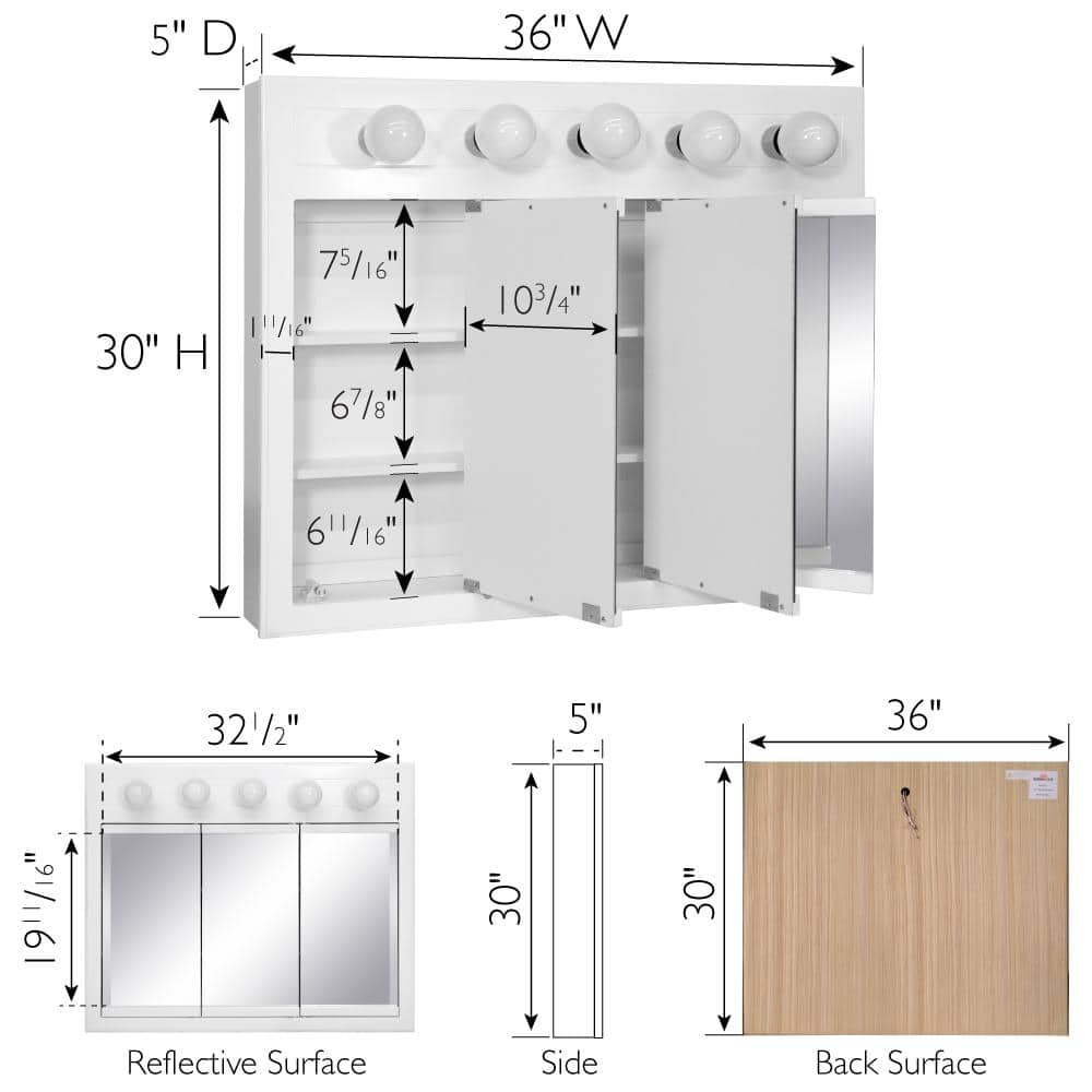 Design House Concord 36 in. W x 30 in. H x 5 in. D Framed 5-Light Tri-View Surface-Mount Bathroom Medicine Cabinet in White Gloss