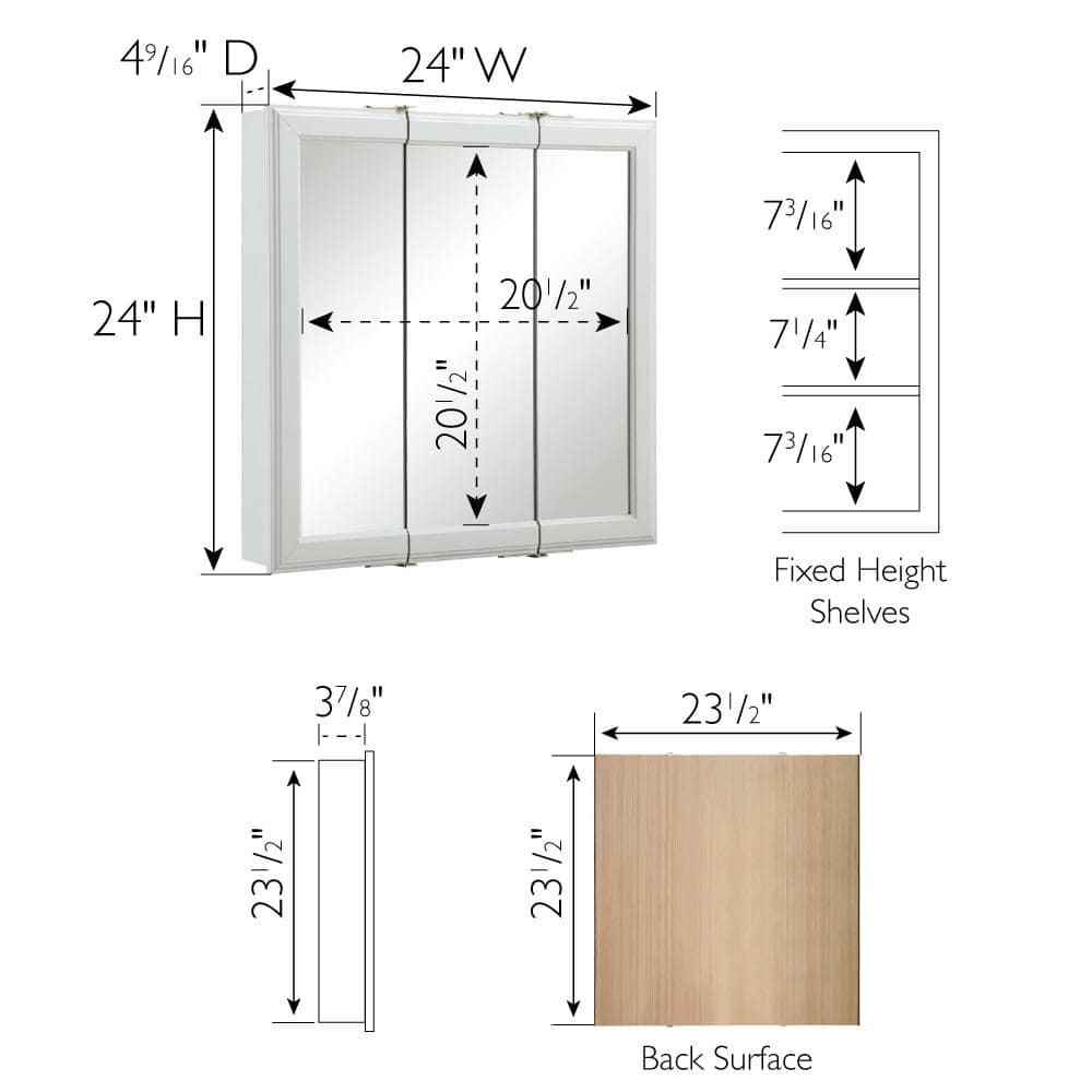 Design House Classic 24 in. x 24 in. x 4-3/4 in. Surface-Mount Tri-View Bathroom Medicine Cabinet in White