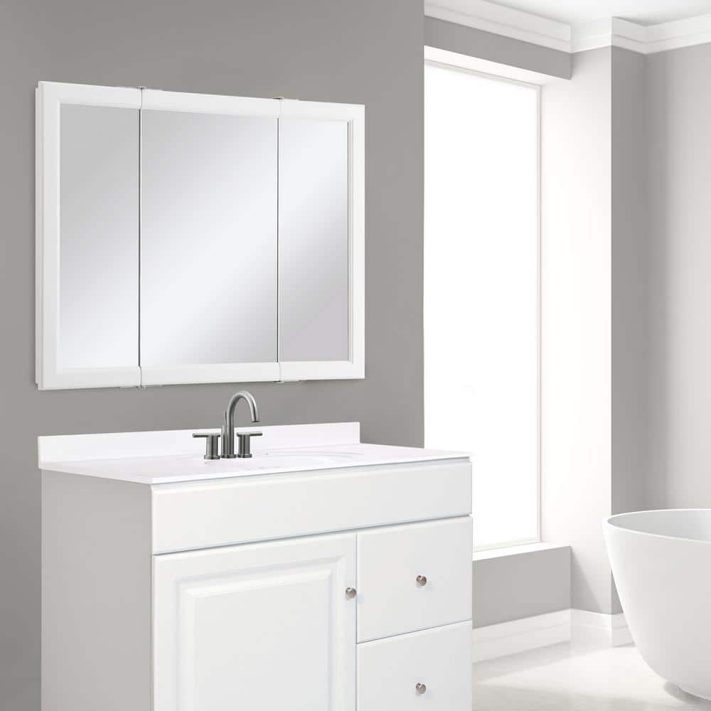 Design House Wyndham 36 in. W x 30 in. H x 4-3/4 in. D Framed Tri-View Surface-Mount Bathroom Medicine Cabinet in White Semi-Gloss