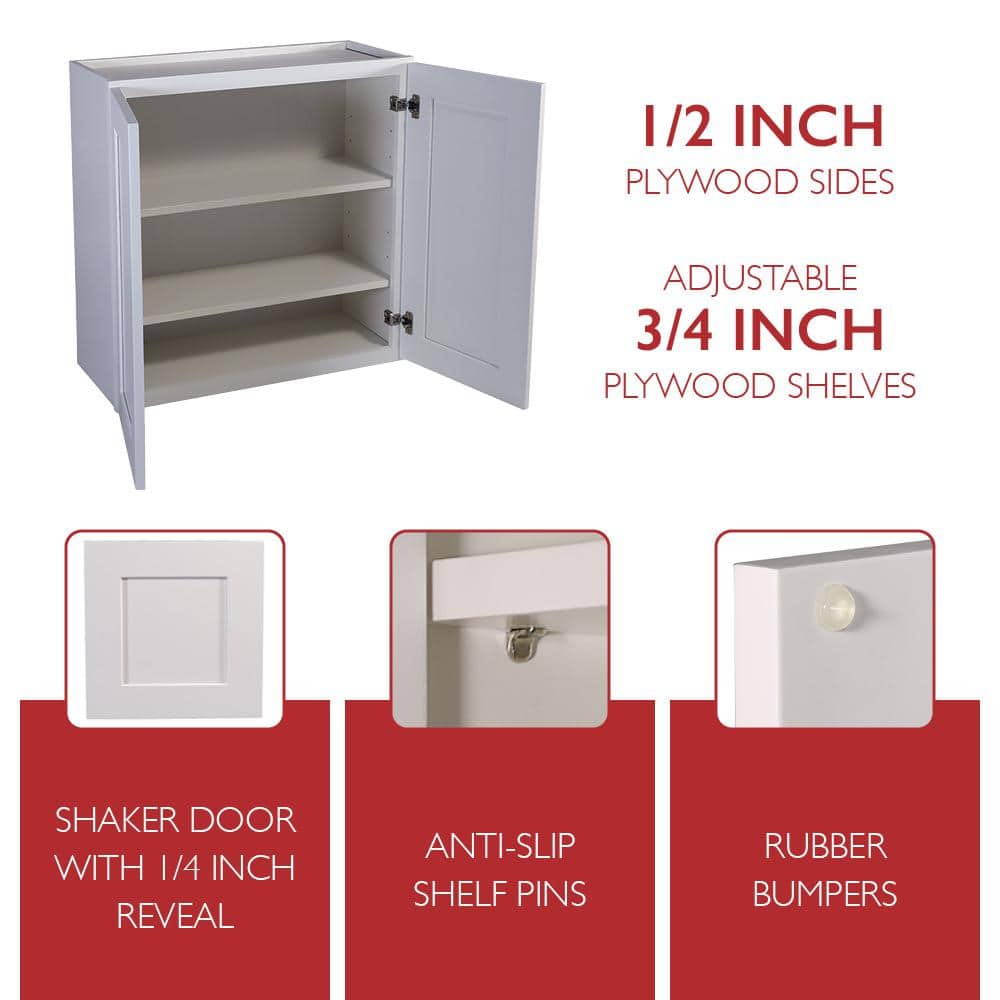 Design House Brookings Solid Wood Ready to Assemble Shaker 27 in. x 36 in. x 12 in. 2 Door Wall Kitchen Cabinet W2736 in White