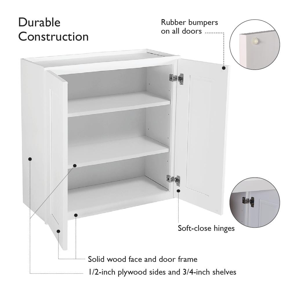 Design House Brookings Solid Wood Ready to Assemble Shaker 12 in. x 36 in. x 36 in. 2 Door Wall Kitchen Cabinet W3636 in White