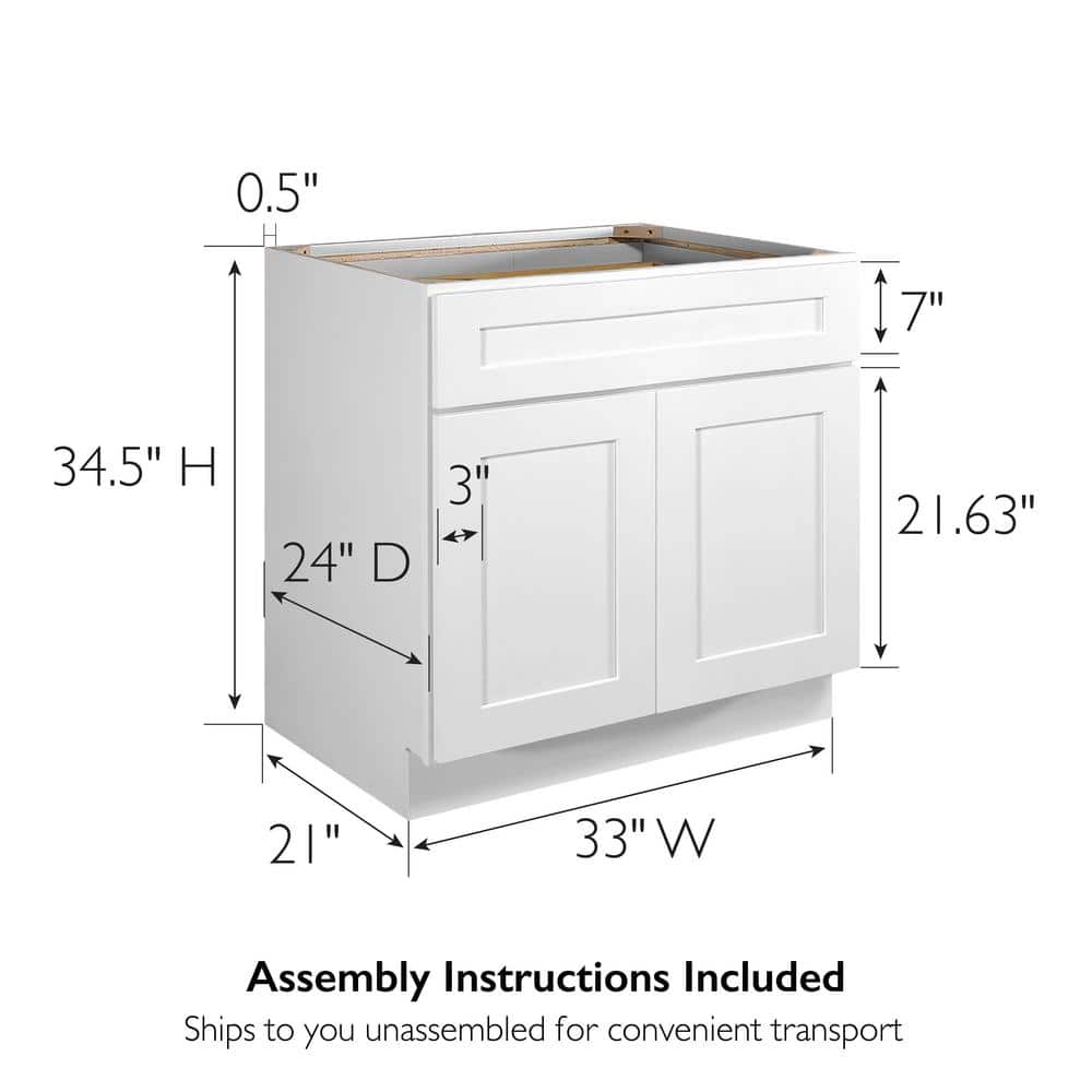 Design House Brookings Plywood Ready to Assemble Shaker 33x34.5x24 in. 2-Door 1-Drawer Base Kitchen Cabinet in White