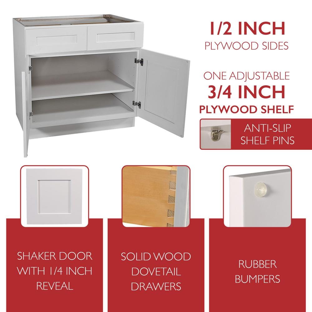 Design House Brookings Solid Wood Ready to Assemble Shaker 42x34.5x24 in. 2 Door 2 Drawer Base Kitchen Cabinet in White