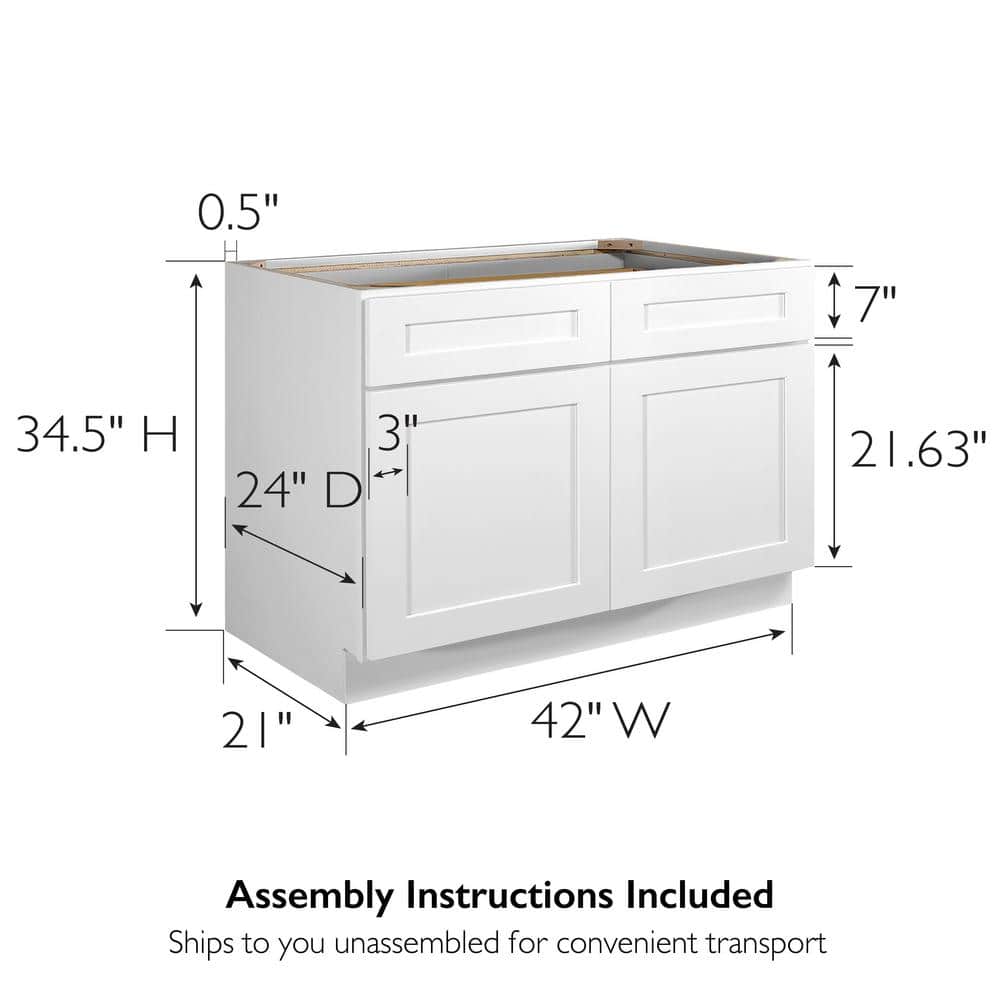 Design House Brookings Solid Wood Ready to Assemble Shaker 42x34.5x24 in. 2 Door 2 Drawer Base Kitchen Cabinet in White