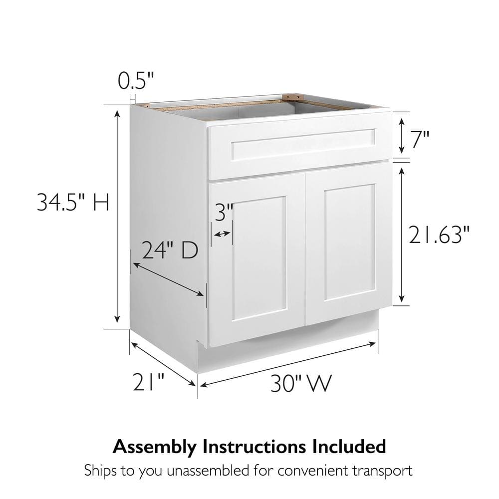 Design House Brookings Plywood Ready to Assemble Shaker 30x34.5x24 in. 2-Door Base Kitchen Cabinet Sink in White