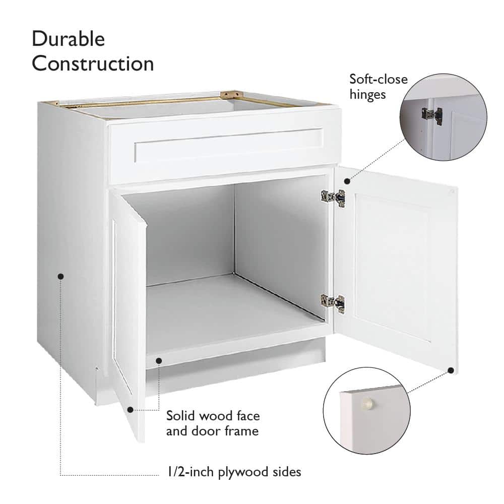 Design House Brookings Plywood Ready to Assemble Shaker 30x34.5x24 in. 2-Door Base Kitchen Cabinet Sink in White