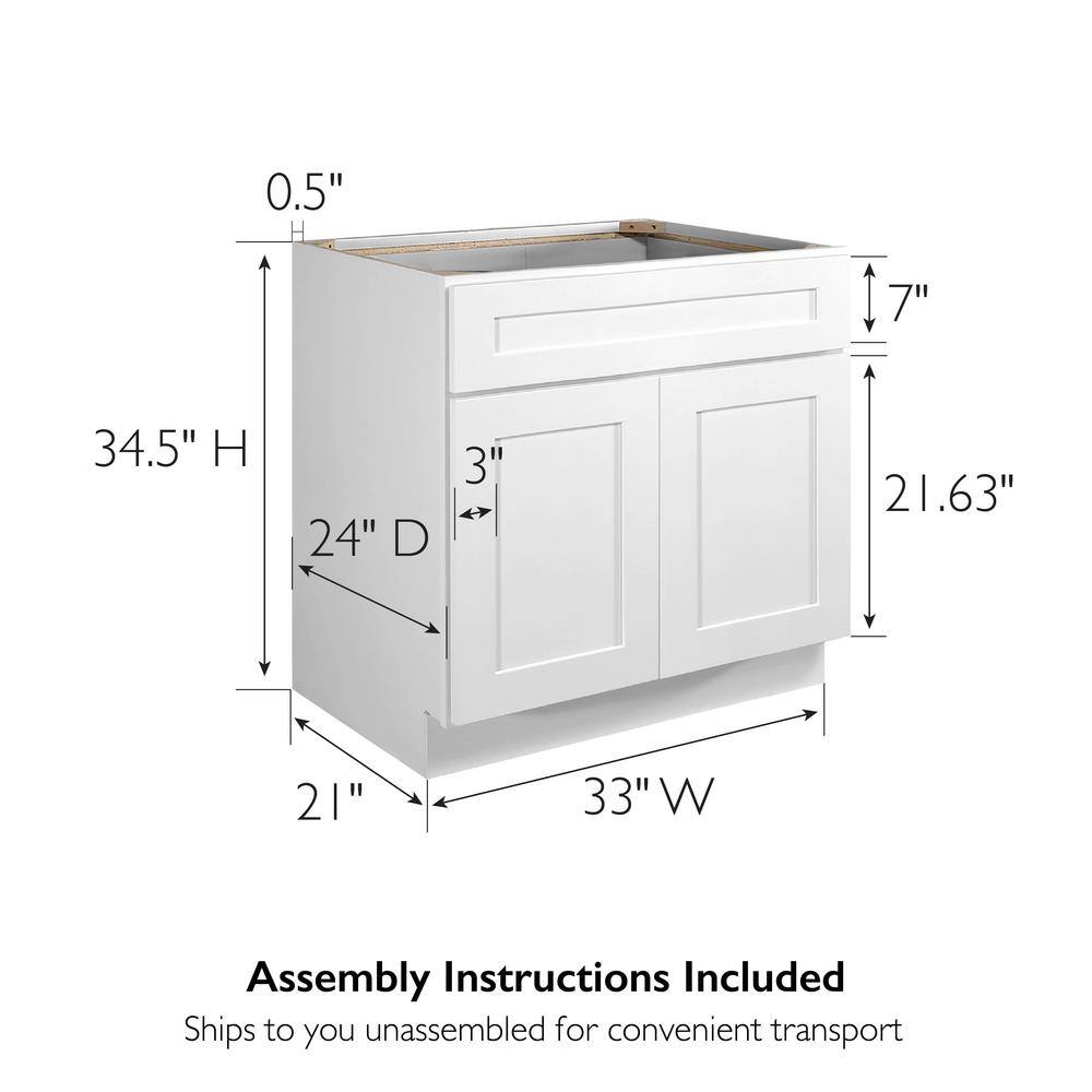 Design House Brookings Plywood Ready to Assemble Shaker 33x34.5x24 in. 2-Door Base Kitchen Cabinet Sink in White