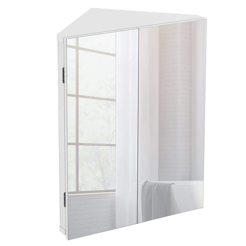 eclife 17.8 in. W x 23.5 in. H Rectangular Double Door Corner Surface Mount Frameless Medicine Cabinet with Mirror in White