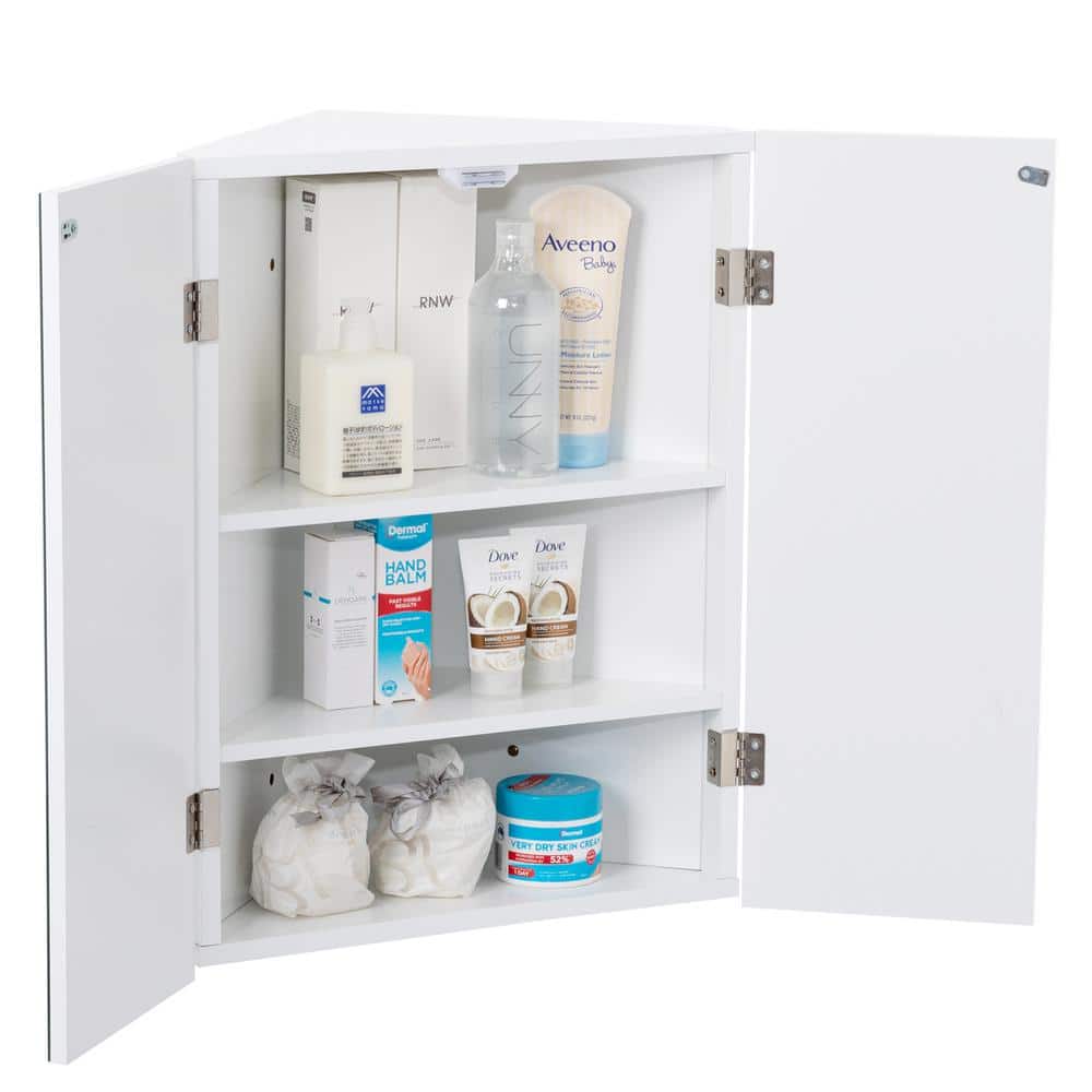 eclife 17.8 in. W x 23.5 in. H Rectangular Double Door Corner Surface Mount Frameless Medicine Cabinet with Mirror in White