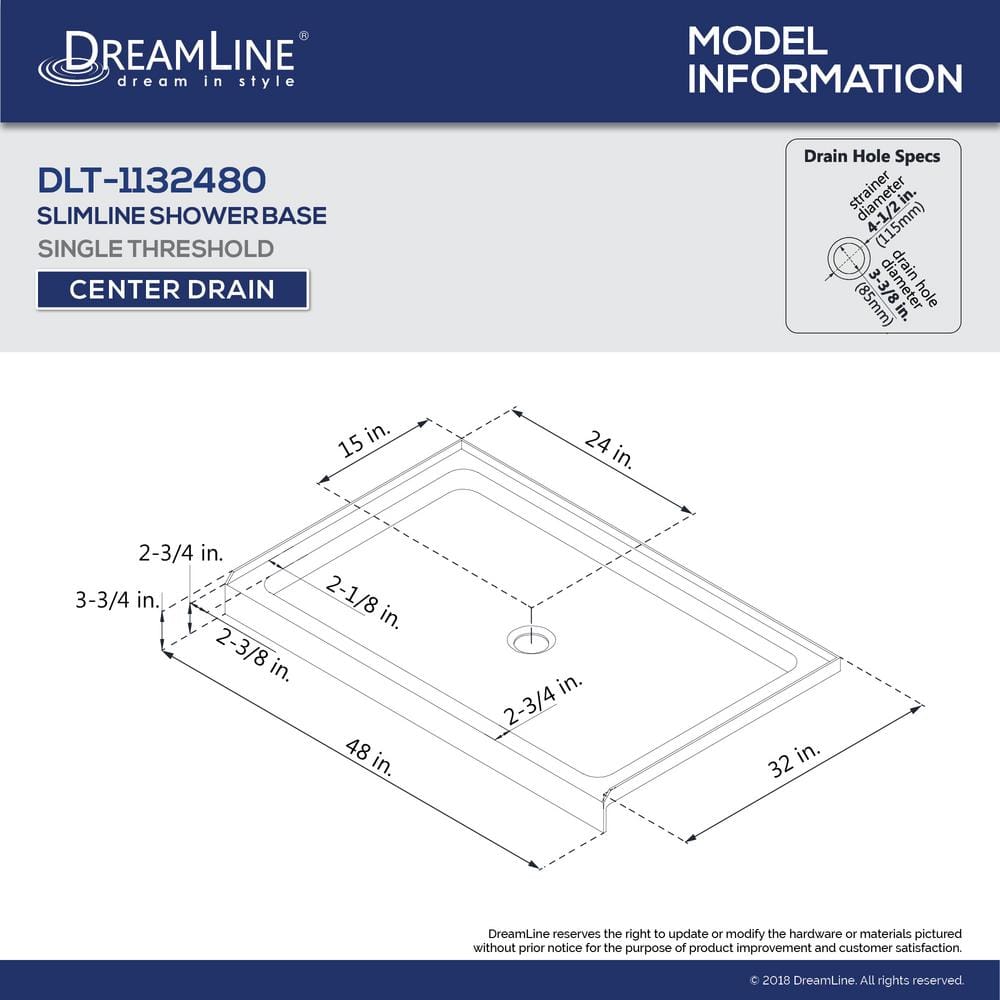 DreamLine SlimLine 48 in. x 32 in. Single Threshold Shower Base in White with Shower Backwalls