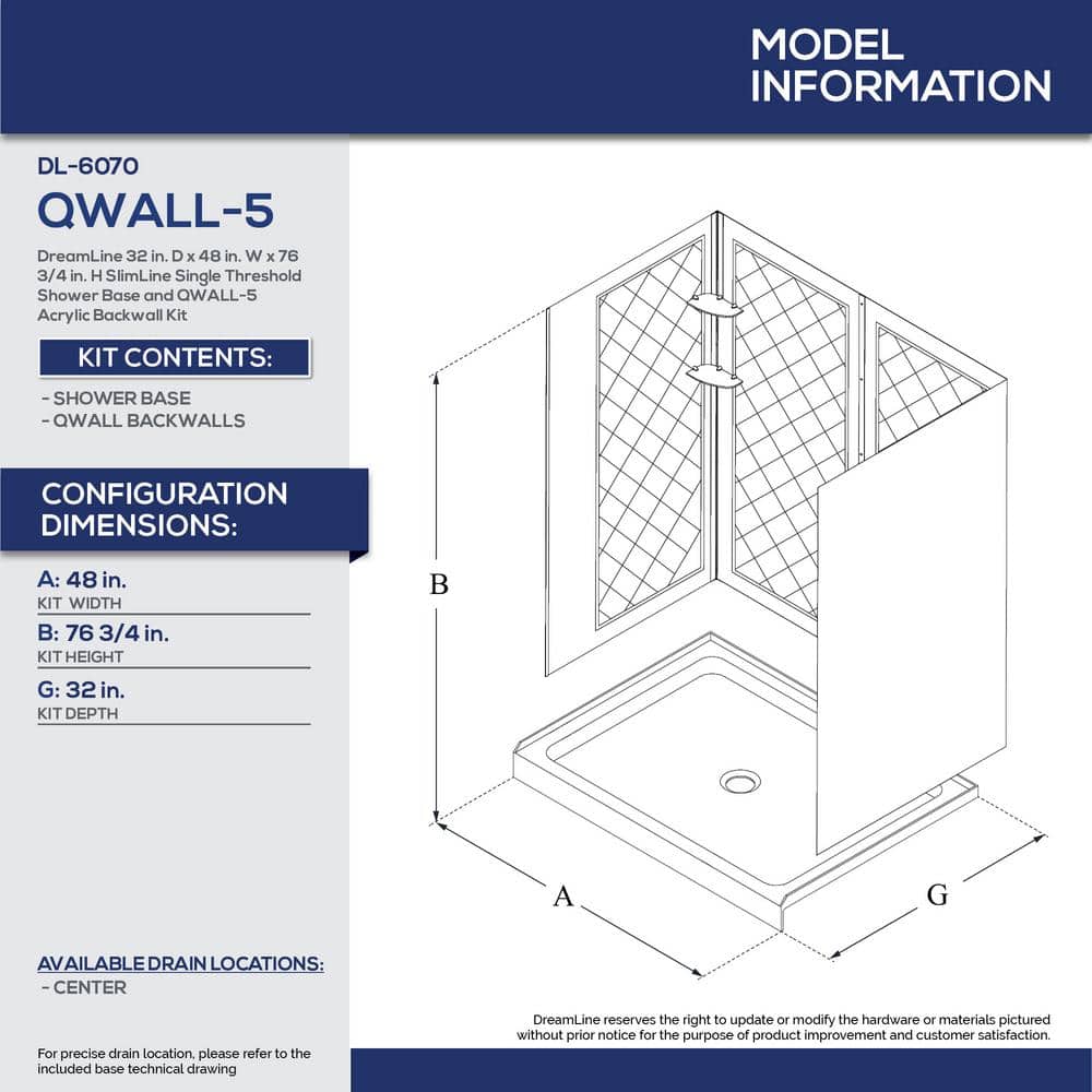 DreamLine SlimLine 48 in. x 32 in. Single Threshold Shower Base in White with Shower Backwalls