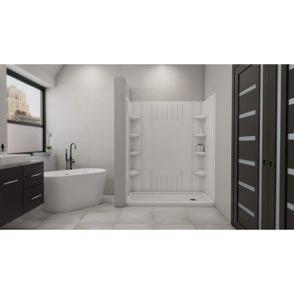 DreamLine SlimLine 30 in. x 60 in. Single Threshold Shower Base with Q-Wall Back Walls, Right-Hand Drain, White