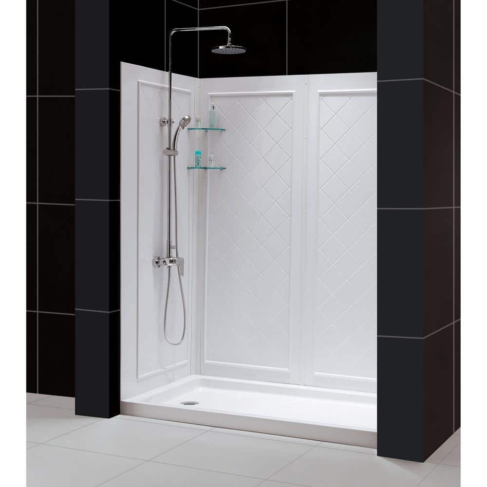 DreamLine SlimLine 30 in. x 60 in. Single Threshold Shower Base with Back Walls, White, Left-Hand Drain