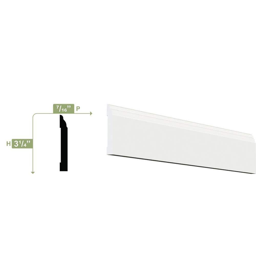 Ekena Millwork 3-1/4 in. x 1/2 in. x 96 in. Base Moulding, PVC (8-Pack)