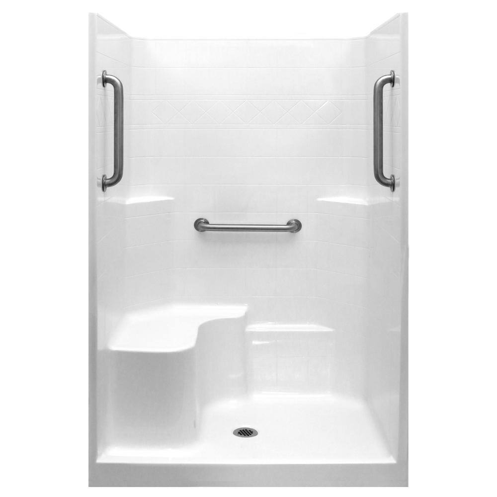 Classic 37 in. x 48 in. x 80 in. 1-Piece Low Threshold Shower Stall in White, Grab Bars, LHS Molded Seat, Center Drain