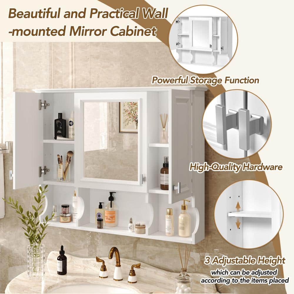 EPOWP 35 in. W x 28.7 in. H Rectangular White MDF Surface Mount Medicine Cabinet with Mirror and Open Shelves