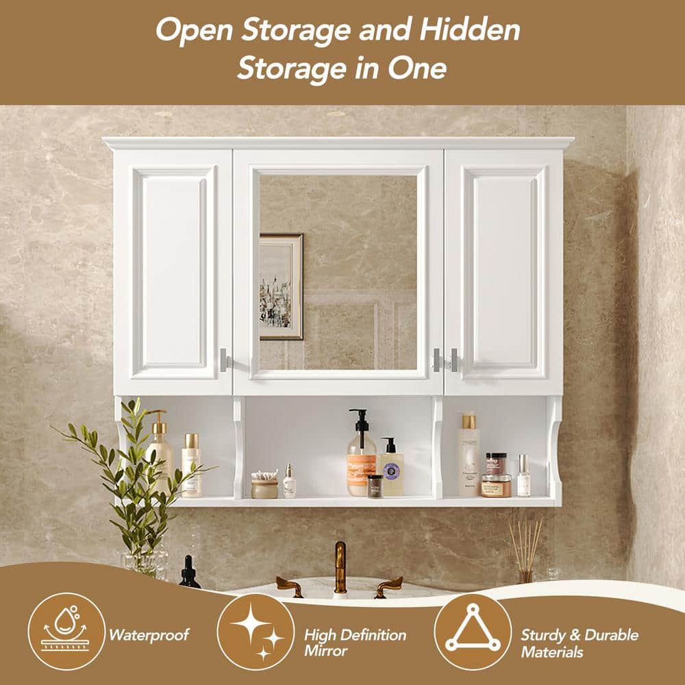 EPOWP 35 in. W x 28.7 in. H Rectangular White MDF Surface Mount Medicine Cabinet with Mirror and Open Shelves