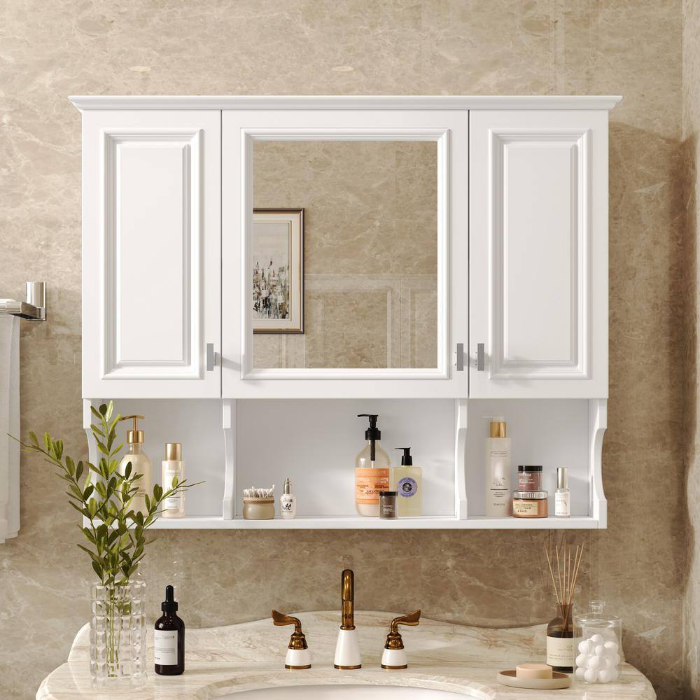 EPOWP 35 in. W x 28.7 in. H Rectangular White MDF Surface Mount Medicine Cabinet with Mirror and Open Shelves