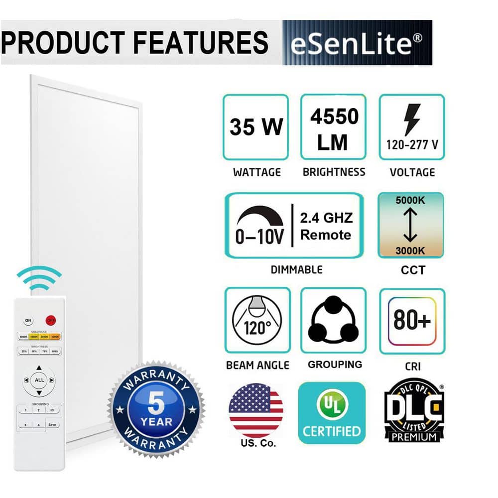 eSenLite 1 ft. x 4 ft. 400W Equivalent 4200LM White Dimmable Color CCT Thin Aluminum Integrated LED Panel Light Troffer (2-PK)