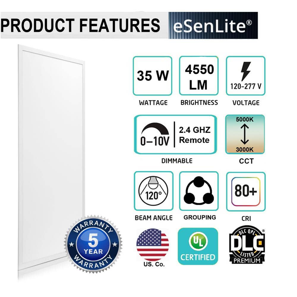 eSenLite 1 ft. x 4 ft. 400W Equivalent 4200LM Dimmable CCT White Integrated LED Panel Light Flush Mount Troffer w/ Frames (2-PK)